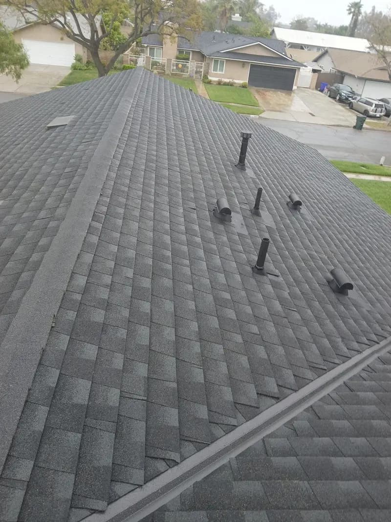 Dark asphalt shingles and vent pipes viewed from above
