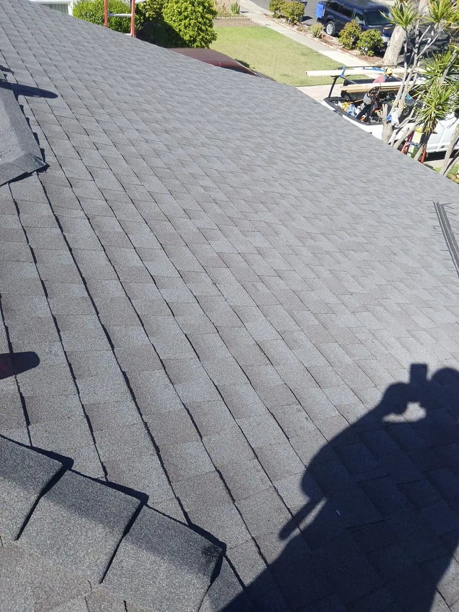 Dark shingle roof slope beside a wall and adjoining roof details