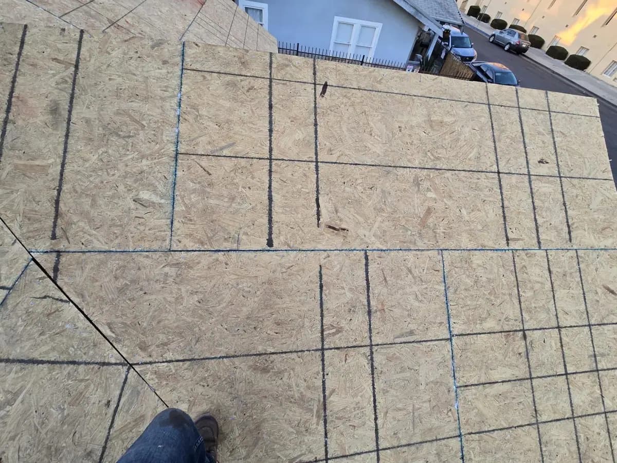 Exposed wood roof deck panels with dark layout lines across the surface