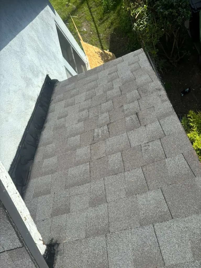 Shingle courses and roof edge seen close to a light exterior wall